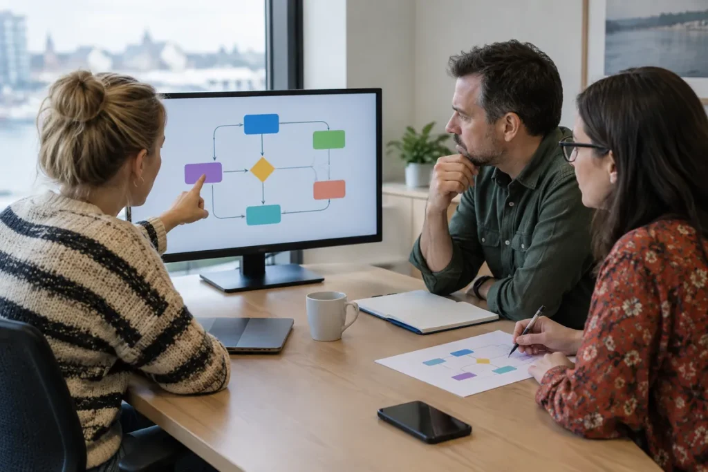 Kollegor går igenom ett AI-systems riskklassning på en skärm i ett mötesrum