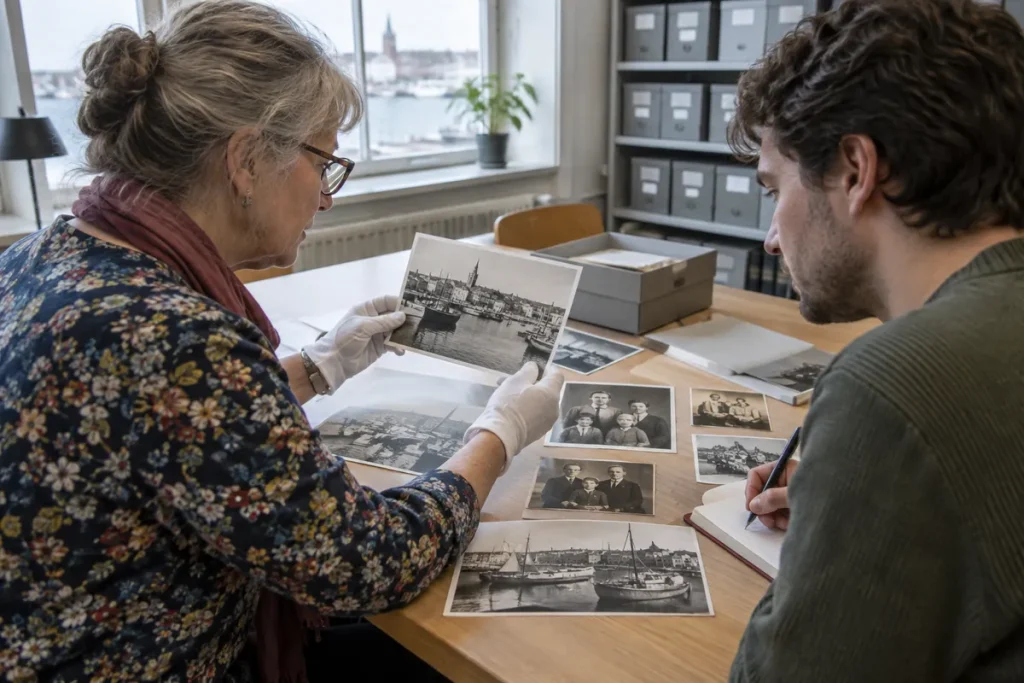 En arkivarie och en forskare granskar gamla fotografier för att datera dem
