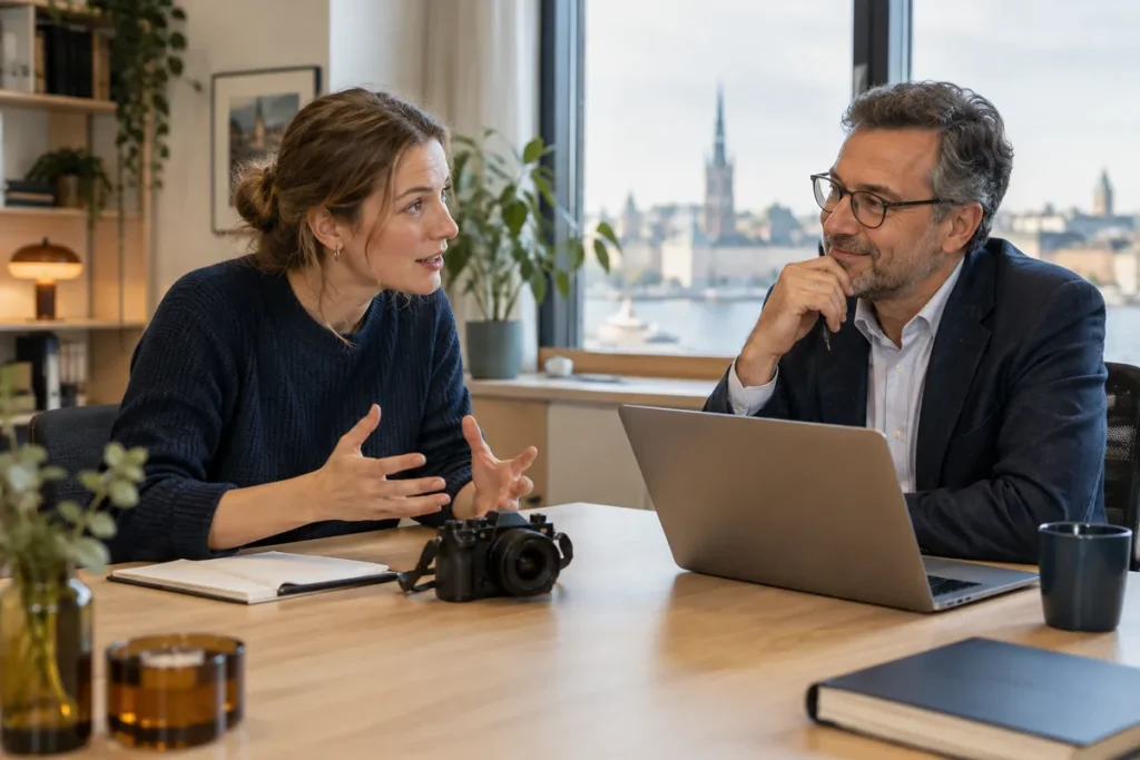 En filmskapare berättar om sin film för ett patentombud vid ett skrivbord