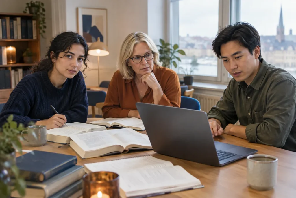 En redaktion granskar lagtext och källor tillsammans vid ett bord