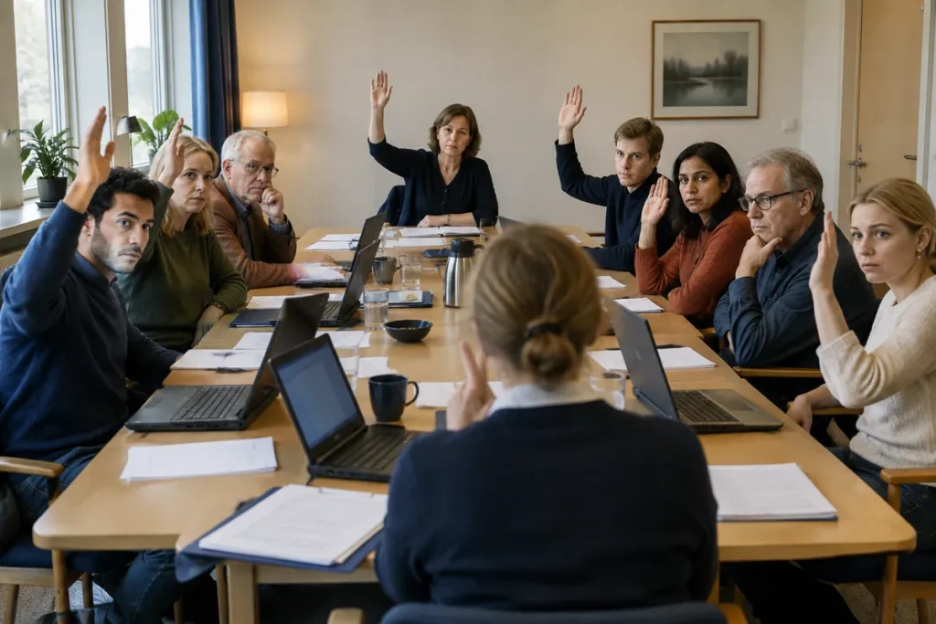 En arbetsgrupp röstar med handuppräckning vid ett möte om en standard